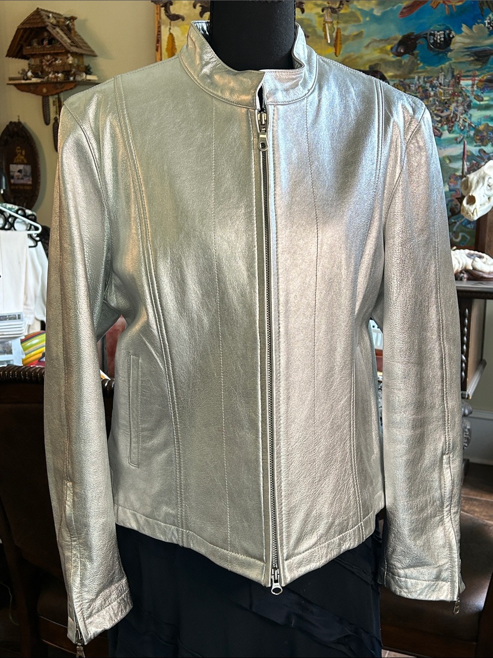 1990’s Wilson’s Maxima Metallic Silver Zip-Front Leather Moto Jacket